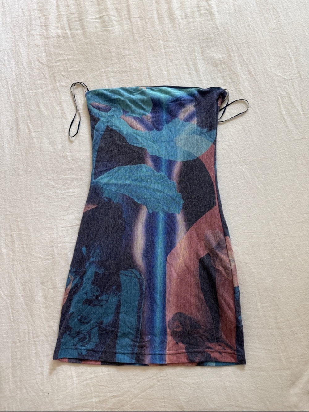 With Jean. Abstract Blue & Mauve Strapless Mini Dress